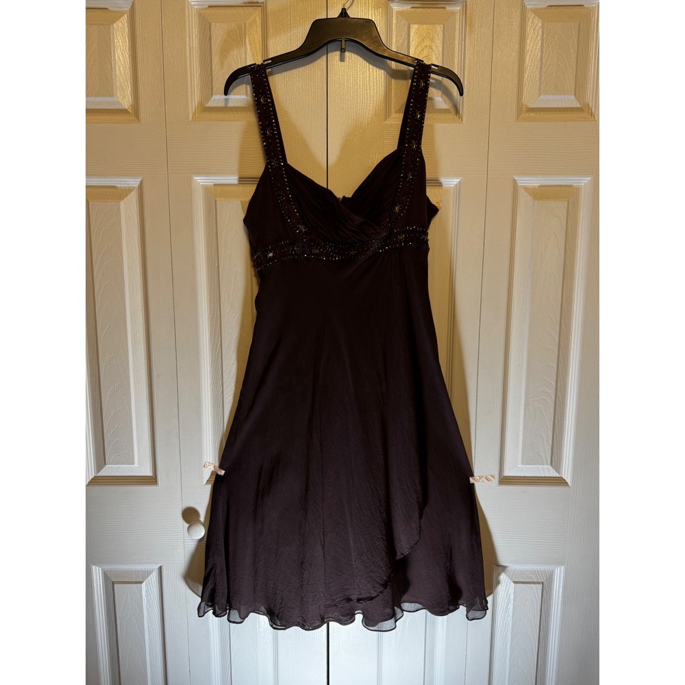 Vintage Jones New York Dress Brown Silk Beaded Cocktail Midi Fairy Coquette